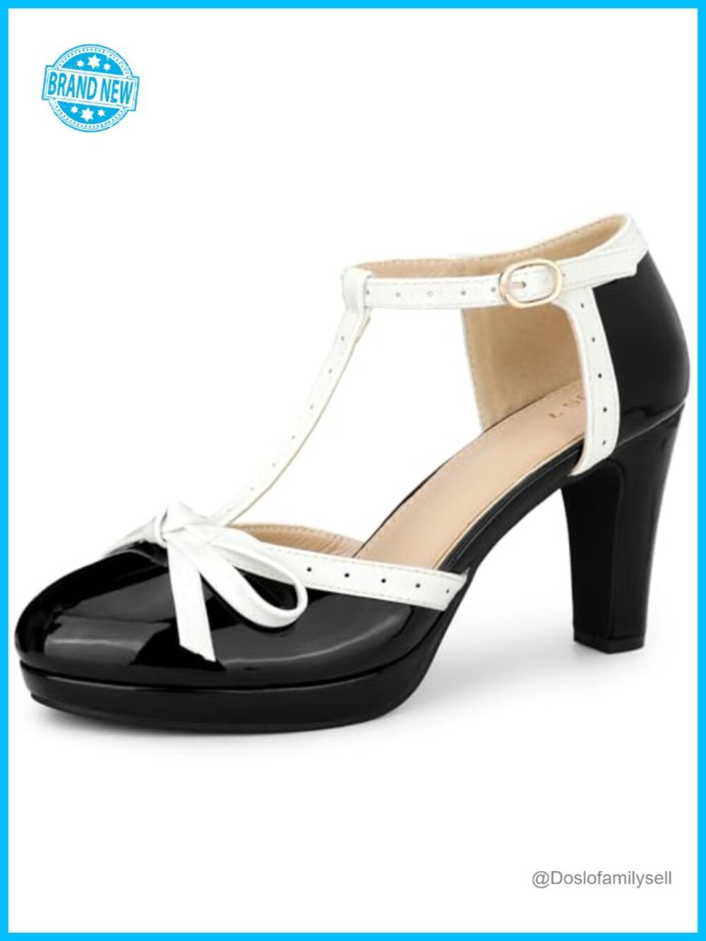 Patent Leather Platform Bow T-Strap Mary Jane Chunky Heel Pumps